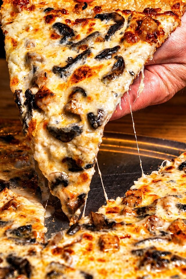A slice of mushroom pizza pulled from the pie, cheese stretching